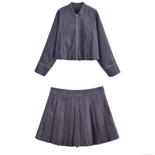 Women Denim Style 2 Piece Set Navy Blue Zip Up Bomber Jacket with High Waist Pleated Mini Skirt Casual Streetwear Outfits for Spring Autumn