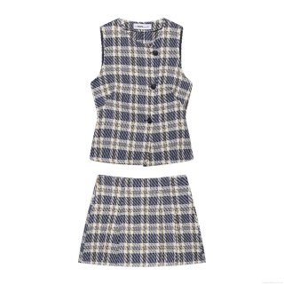 Women's Two Piece Tweed Plaid Set Sleeveless Single Breasted Vest Top and Mini A-Line Skirt Outfit for Summer Streetwear Casual Wear