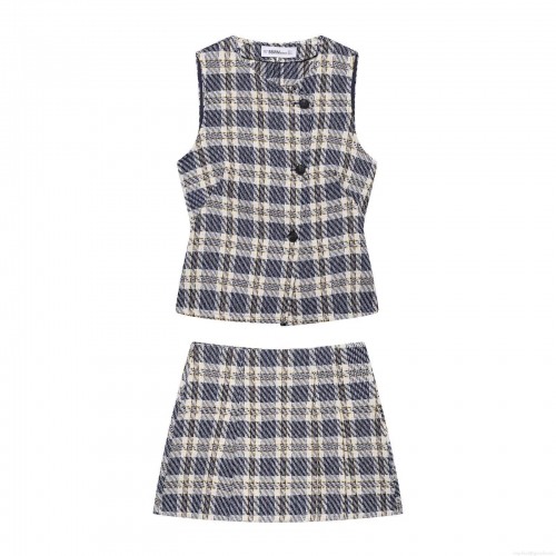 Women's Two Piece Tweed Plaid Set Sleeveless Single Breasted Vest Top and Mini A-Line Skirt Outfit for Summer Streetwear Casual Wear