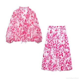 Women Floral Print Long Sleeve Ruffle Blouse And High Waist A-Line Midi Skirt Two Piece Set Casual Streetwear Summer Vacation Outfits