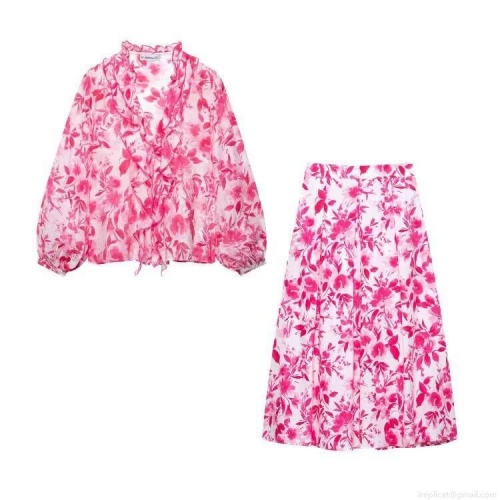 Women Floral Print Long Sleeve Ruffle Blouse And High Waist A-Line Midi Skirt Two Piece Set Casual Streetwear Summer Vacation Outfits