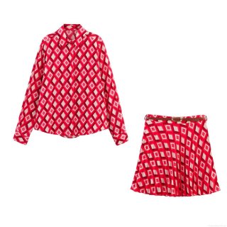 Women's 2-Piece Fashion Set Geometric Print Long Sleeve Shirt And Pleated Mini Skirt With Belt Casual Streetwear Outfits For Summer Party