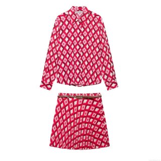 Women's Two-Piece Set Geometric Rhombus Print Long Sleeve Lapel Shirt And Pleated Mini Skirt With Belt Casual Streetwear 100% Polyester Outfit For Summer Vacation