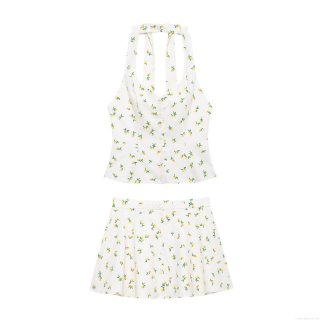 Women Summer Lemon Print Two-Piece Set Halter Bow Tie Neck Button Down Top and High Waist A-Line Mini Skirt Polyester Floral Beach Vacation Streetwear Outfit