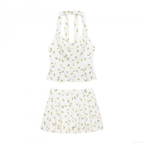 Women Summer Lemon Print Two-Piece Set Halter Bow Tie Neck Button Down Top and High Waist A-Line Mini Skirt Polyester Floral Beach Vacation Streetwear Outfit