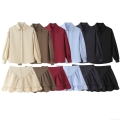 Women's Two Piece Skirt Set Long Sleeve Lapel Shirt and Ruffle Mini Skirt Outfits Solid Color Streetwear Casual Matching Sets For Ladies