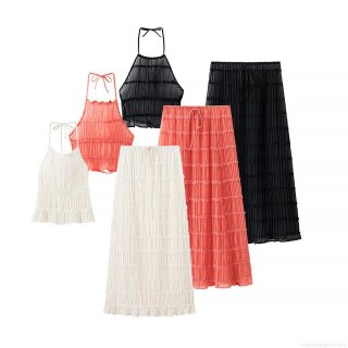 Women's Summer 2-Piece Halter Crop Top and Ruched Midi Skirt Set Solid Color Polyester Sleeveless Ruffle Hem Streetwear Outfits for Women Vacation Clubwear