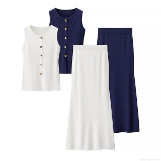 Women's 2 Piece Knit Set Sleeveless Round Neck Button Front Vest Top and High Waist Long A-Line Skirt Solid Color Streetwear Casual Outfits