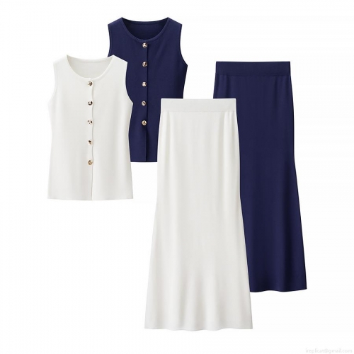 Women's 2 Piece Knit Set Sleeveless Round Neck Button Front Vest Top and High Waist Long A-Line Skirt Solid Color Streetwear Casual Outfits