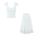 Women's Elegant White Two Piece Set 100% Cotton Eyelet Embroidery Short Puff Sleeve Button Down Crop Top and High Waist Midi A-Line Skirt Streetwear Casual Party Outfit