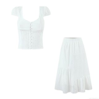 Women's Elegant White Two Piece Set 100% Cotton Eyelet Embroidery Short Puff Sleeve Button Down Crop Top and High Waist Midi A-Line Skirt Streetwear Casual Party Outfit