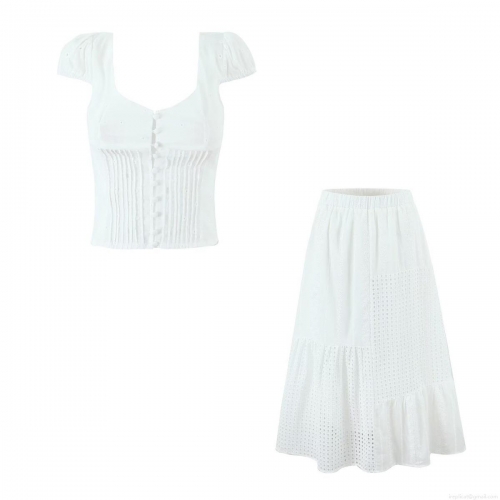 Women's Elegant White Two Piece Set 100% Cotton Eyelet Embroidery Short Puff Sleeve Button Down Crop Top and High Waist Midi A-Line Skirt Streetwear Casual Party Outfit