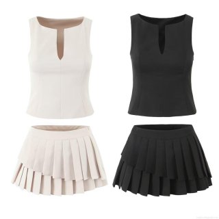 Women's Chic Two-Piece Set Sleeveless V-Neck Crop Top and Tiered Pleated Mini Skirt Polyester Spandex Solid Color Outfits for Women Clubwear Party Streetwear