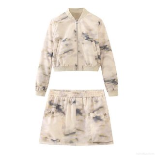 Women's 2 Piece Set Zip Up Short Bomber Jacket And Mini Skirt With Cargo Pockets Polyester Ripstop Tie Dye Marble Print European Streetwear Style Casual Outfits