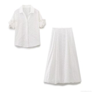 Women's 2-Piece Eyelet Embroidery Skirt Set Cotton Blend Short Sleeve Button Up Shirt And A-Line Maxi Skirt Western Style Summer Vacation Outfit White