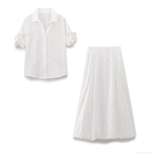 Women's 2-Piece Eyelet Embroidery Skirt Set Cotton Blend Short Sleeve Button Up Shirt And A-Line Maxi Skirt Western Style Summer Vacation Outfit White