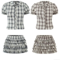 Women 100 Percent Cotton Plaid 2 Piece Set Puff Sleeve Button Down Shirt Waist Cinching Top And Multi Layered Ruffle Cake Skirt Summer Casual Outfit