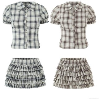 Women 100 Percent Cotton Plaid 2 Piece Set Puff Sleeve Button Down Shirt Waist Cinching Top And Multi Layered Ruffle Cake Skirt Summer Casual Outfit