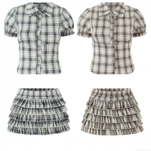 Women 100 Percent Cotton Plaid 2 Piece Set Puff Sleeve Button Down Shirt Waist Cinching Top And Multi Layered Ruffle Cake Skirt Summer Casual Outfit