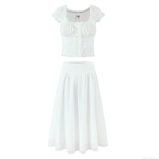 Women's 2 Piece Skirt Set Embroidered Eyelet Cotton Lace Short Puff Sleeve Crop Top And Midi Skirt French Retro Hollow Out Sweet Summer Vacation Outfit