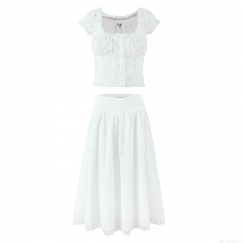 Women's 2 Piece Skirt Set Embroidered Eyelet Cotton Lace Short Puff Sleeve Crop Top And Midi Skirt French Retro Hollow Out Sweet Summer Vacation Outfit