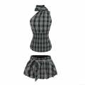 Women Summer 2-Piece Plaid Set Halter Neck Smocking Crop Top And A-Line Mini Skirt With Bow Black White Gingham Polyester Streetwear Casual Outfit