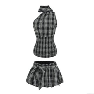 Women Summer 2-Piece Plaid Set Halter Neck Smocking Crop Top And A-Line Mini Skirt With Bow Black White Gingham Polyester Streetwear Casual Outfit