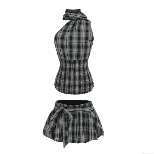 Women Summer 2-Piece Plaid Set Halter Neck Smocking Crop Top And A-Line Mini Skirt With Bow Black White Gingham Polyester Streetwear Casual Outfit