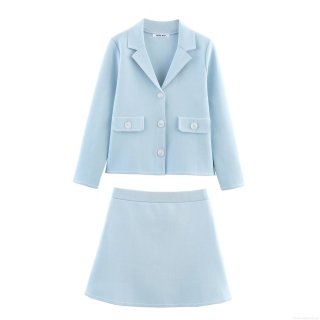 Women's Two Piece Knitted Set Contrast Stitching Single Breasted Short Blazer Jacket And High Waist A-Line Mini Skirt Spring Autumn Streetwear Outfits