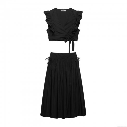 Women's 2-Piece Summer Outfits Sleeveless Ruffle V-Neck Crop Top And High Waist Drawstring Pleated Midi Skirt Set Solid Color Streetwear Clothing