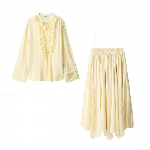 Women's 2025 Spring Summer Pale Yellow Ruffle Shirt and Irregular Skirt Set Long Sleeve Pleated Stand Collar Blouse and Elastic Waist Maxi Skirt Two-Piece Suit Street Style