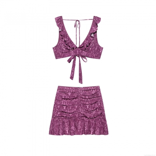 Women's 100% Polyester Abstract Print Ruffle V-Neck Tie-Back Crop Top and Ruched Mini Skirt Two-Piece Set Summer Beach Vacation Bohemian Style Outfit