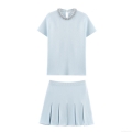 Women's Light Blue Knit Two-Piece Set Rhinestone Round Neck Short Sleeve Top And High Waist Pleated Mini Skirt Elegant Streetwear Outfit For Summer