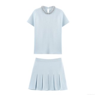 Women's Light Blue Knit Two-Piece Set Rhinestone Round Neck Short Sleeve Top And High Waist Pleated Mini Skirt Elegant Streetwear Outfit For Summer