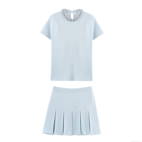 Women's Light Blue Knit Two-Piece Set Rhinestone Round Neck Short Sleeve Top And High Waist Pleated Mini Skirt Elegant Streetwear Outfit For Summer
