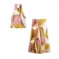 Women's Geometric Print Halter Neck Top and Pleated Maxi Skirt 2-Piece Set Elegant Summer Streetwear Satin Fabric Sleeveless Outfit for Party Date Holiday