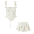 Women's 2 Piece Floral Set Sexy Lace-up Back Corset Top And Ruffle Tiered Skirt Sweet Summer Beach Outfits Apricot Flower Two Piece Skirt Set