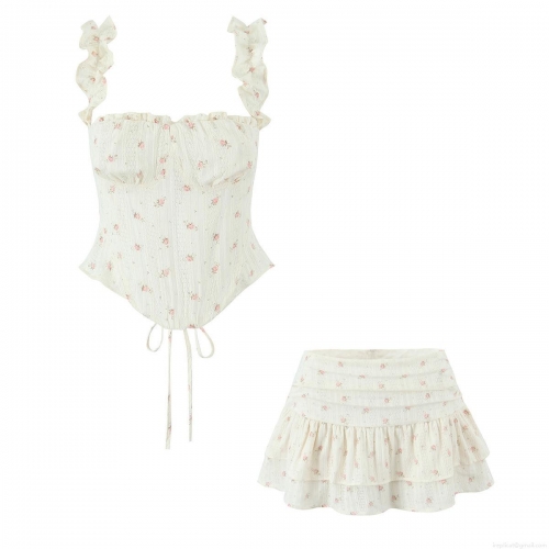 Women's 2 Piece Floral Set Sexy Lace-up Back Corset Top And Ruffle Tiered Skirt Sweet Summer Beach Outfits Apricot Flower Two Piece Skirt Set