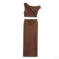 Women's Sexy One Shoulder Pleated Two Piece Set Polyester Ruched Crop Top and High Waist Bodycon Midi Skirt Asymmetric Brown Streetwear Summer Outfit