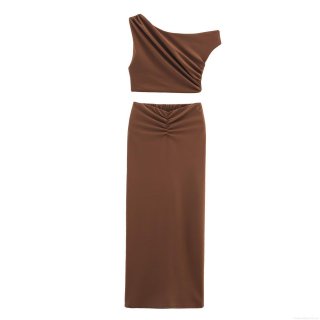 Women's Sexy One Shoulder Pleated Two Piece Set Polyester Ruched Crop Top and High Waist Bodycon Midi Skirt Asymmetric Brown Streetwear Summer Outfit