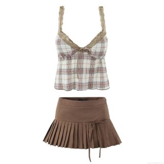 Women 2 Piece Plaid Skirt Set Vintage Lace Trim Sleeveless Camisole Crop Top And High Waist Pleated Mini Skirt Summer Streetwear Outfits