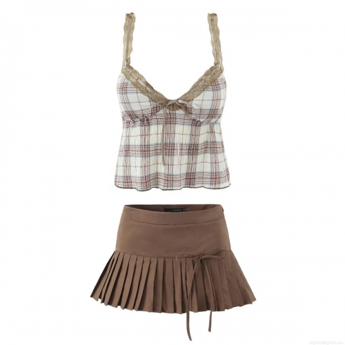 Women 2 Piece Plaid Skirt Set Vintage Lace Trim Sleeveless Camisole Crop Top And High Waist Pleated Mini Skirt Summer Streetwear Outfits