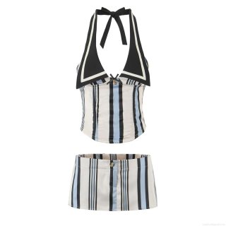 Women's Striped Halter Top And Mini Skirt Two Piece Set 2025 Summer European Street Style Contrast Color Polyester Outfits Casual Short Vest Skirt Set For Women