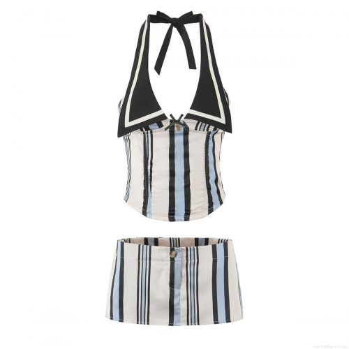 Women's Striped Halter Top And Mini Skirt Two Piece Set 2025 Summer European Street Style Contrast Color Polyester Outfits Casual Short Vest Skirt Set For Women