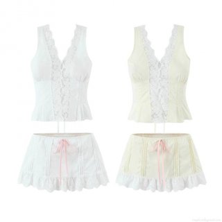 Women's Summer 2-Piece Lace Camisole And Skirt Set Sweet V-Neck Cotton Outfits Street Party Vacation Slim Fit Two Piece Set Clothing