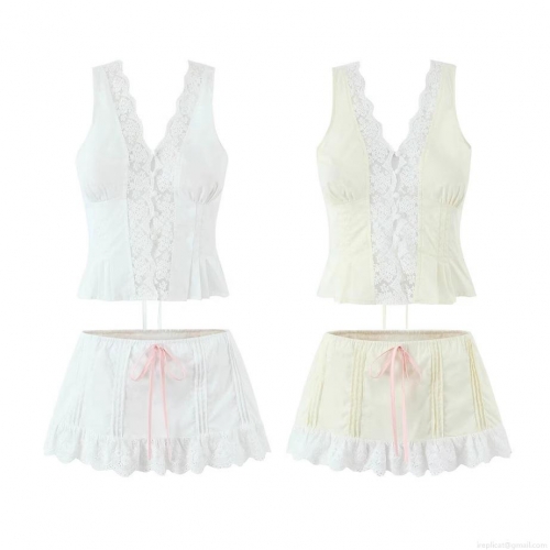 Women's Summer 2-Piece Lace Camisole And Skirt Set Sweet V-Neck Cotton Outfits Street Party Vacation Slim Fit Two Piece Set Clothing