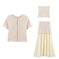 Women's 3 Piece Outfits Set Knitted Short Sleeve Jacket Gold Button Crop Tube Top And Spliced Pleated Maxi Skirt Casual Elegant Summer Set