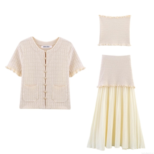 Women's 3 Piece Outfits Set Knitted Short Sleeve Jacket Gold Button Crop Tube Top And Spliced Pleated Maxi Skirt Casual Elegant Summer Set