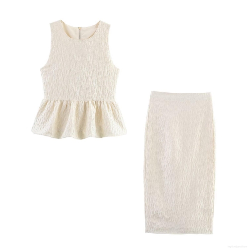 Women's Elegant Cream Textured Two Piece Set Peplum Sleeveless Round Neck Top and Bodycon Midi Skirt Suit Summer Streetwear Outfit