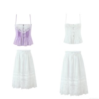 Women's Summer Lace Patchwork Camisole And Hollow Out Skirt Set Western Style Tencel Polyester Blend Top With Drawstring Maxi Skirt Two Piece Outfit